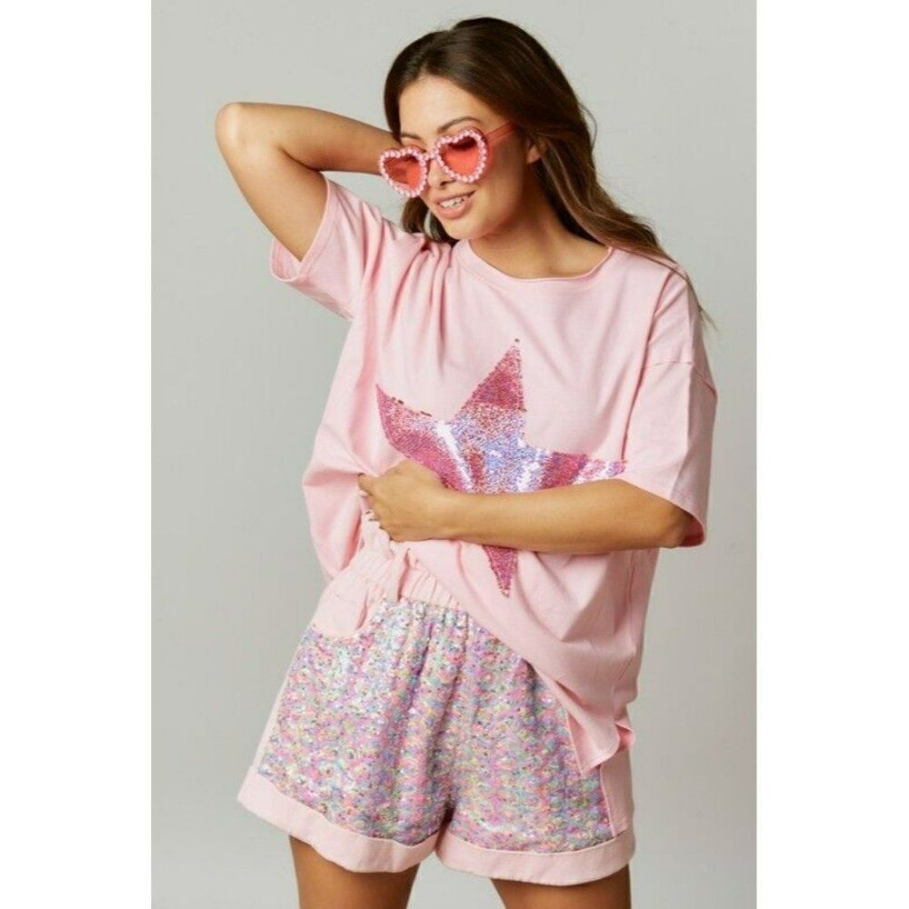 Fantastic Fawn Harper Sequin Star Patch Tee in Pink IFKT51640-04 - Picture 4 of 7